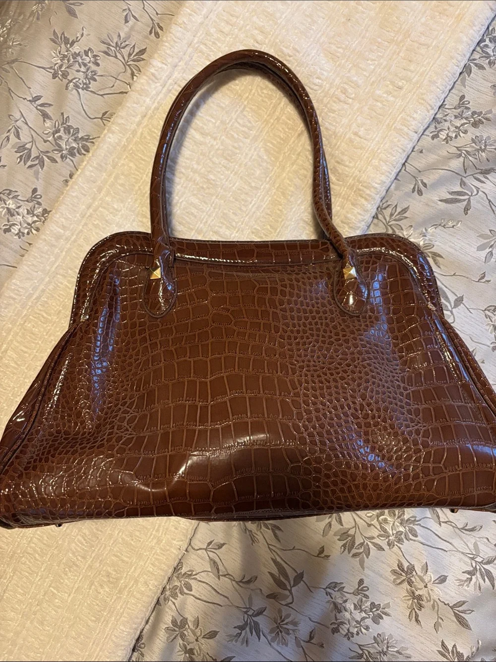 IMAN Dark Brown Croc-Embossed Tote with Gold Accents